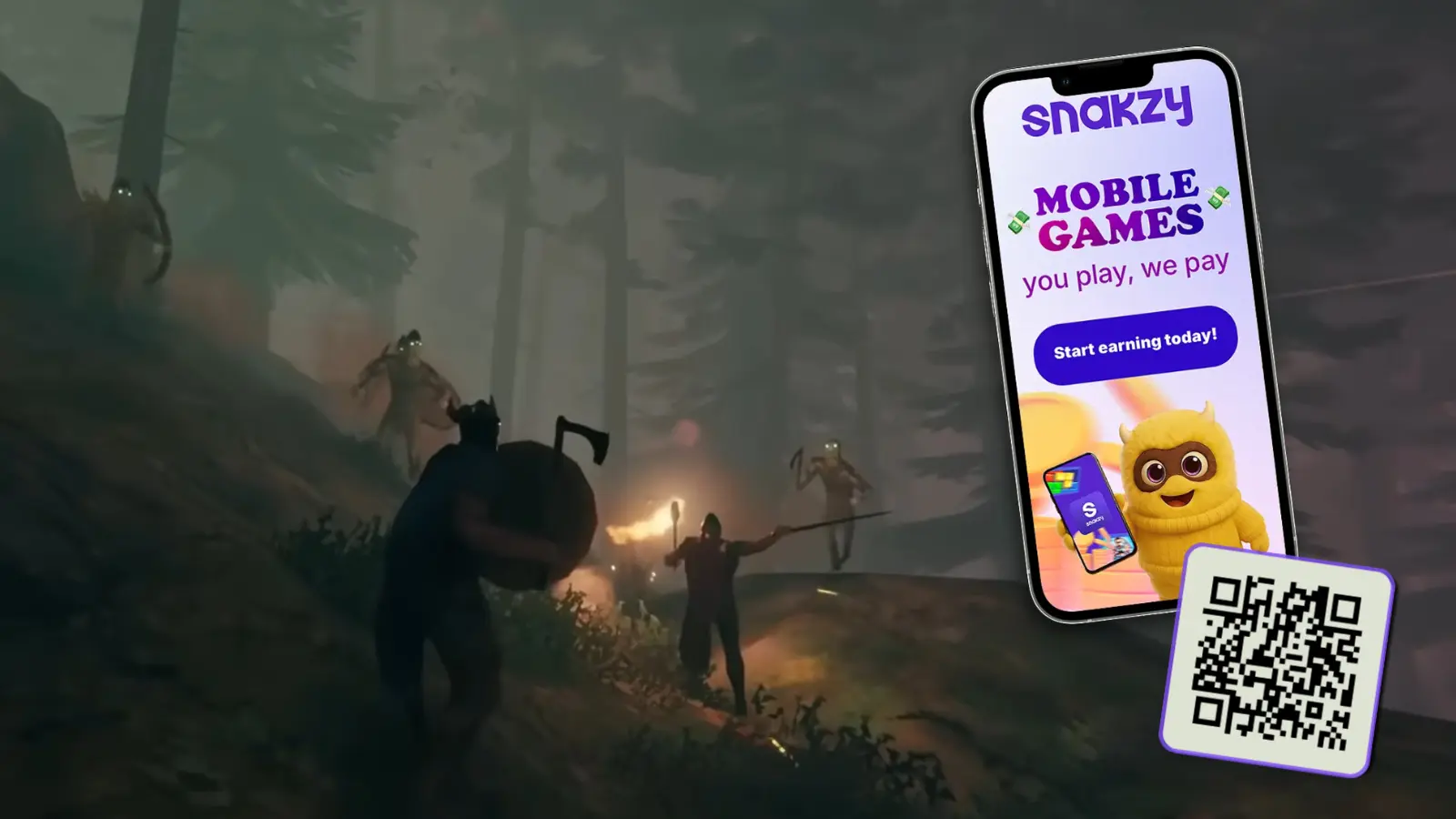 Valheim enemies alongside the Snakzy app QR code used to redeem free game credit