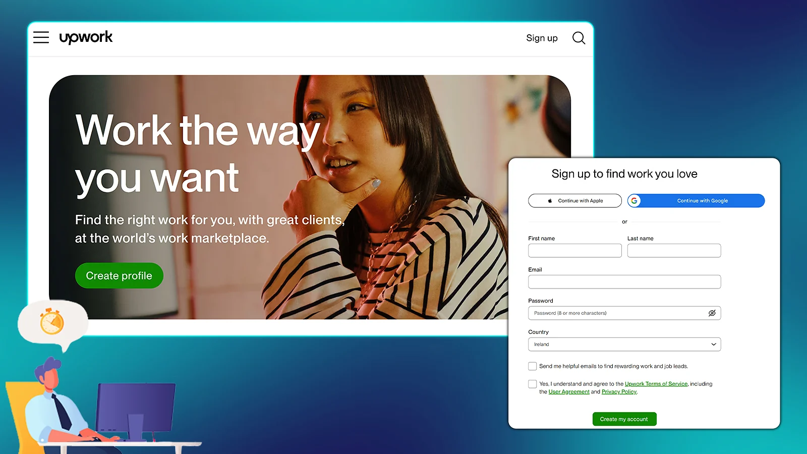 Freelance work: Upwork homepage and account sign-up form