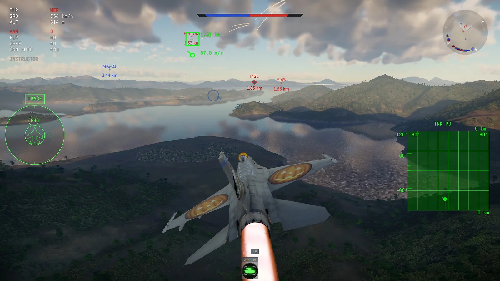 Fighter jet with pumpkin decals tracking an enemy aircraft over a coastal landscape
