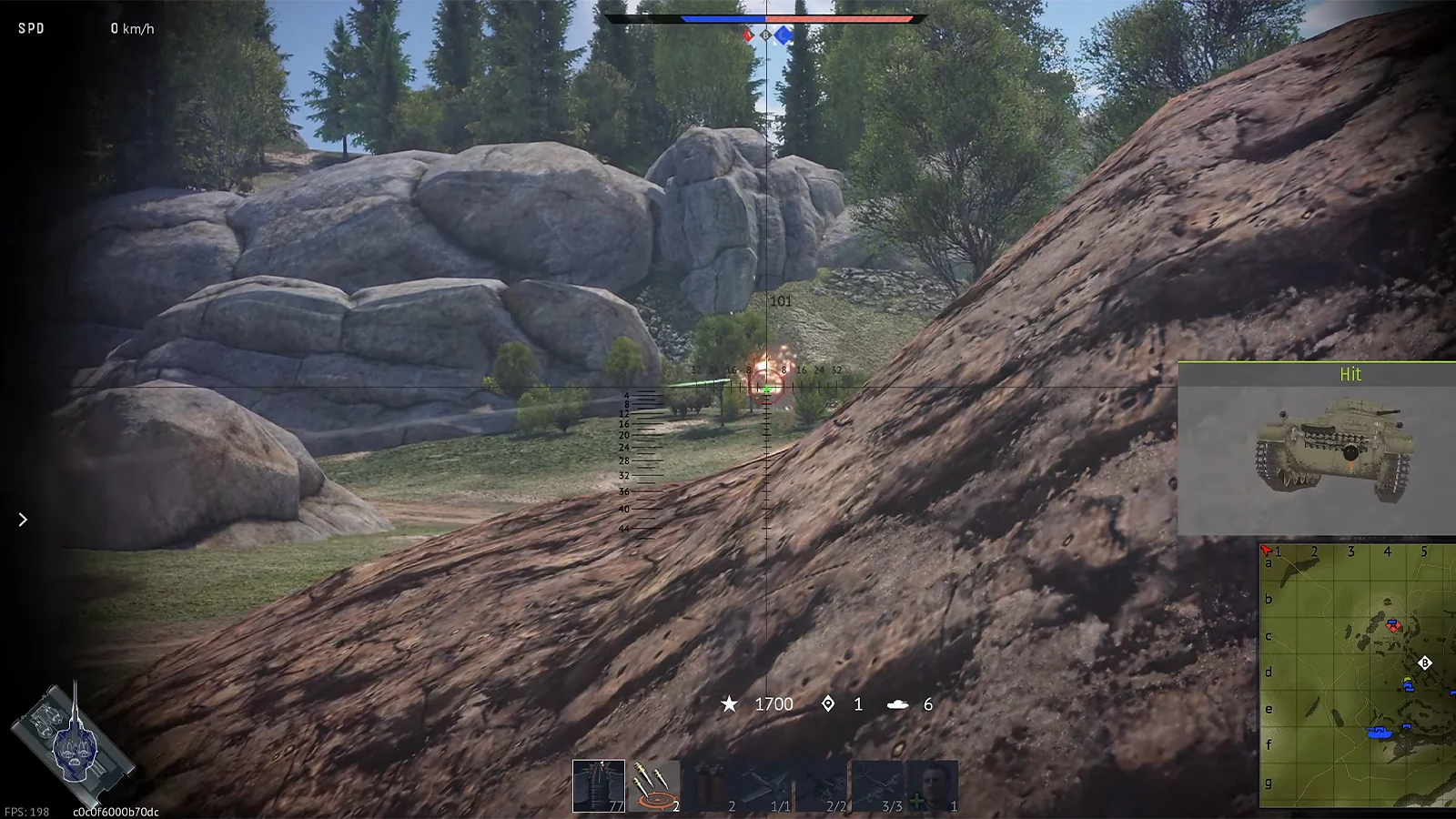 Tank sniper scope view aiming at an enemy vehicle across a rocky terrain