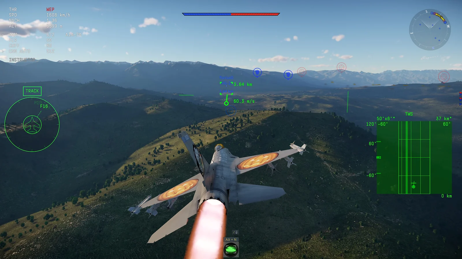 Fighter jet with active afterburner flying over hilly terrain during aerial combat