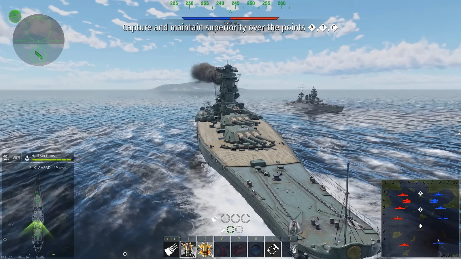 Large grey battleship navigating open ocean waters in third-person view