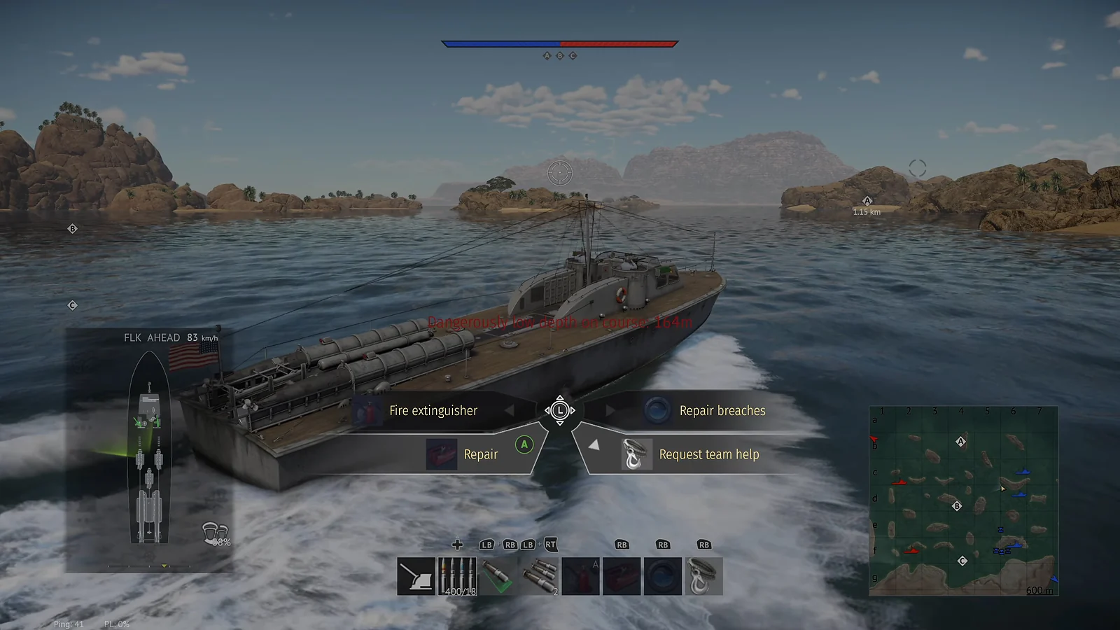 Torpedo boat at sea with an active on-screen menu for repairs and fire extinguishing
