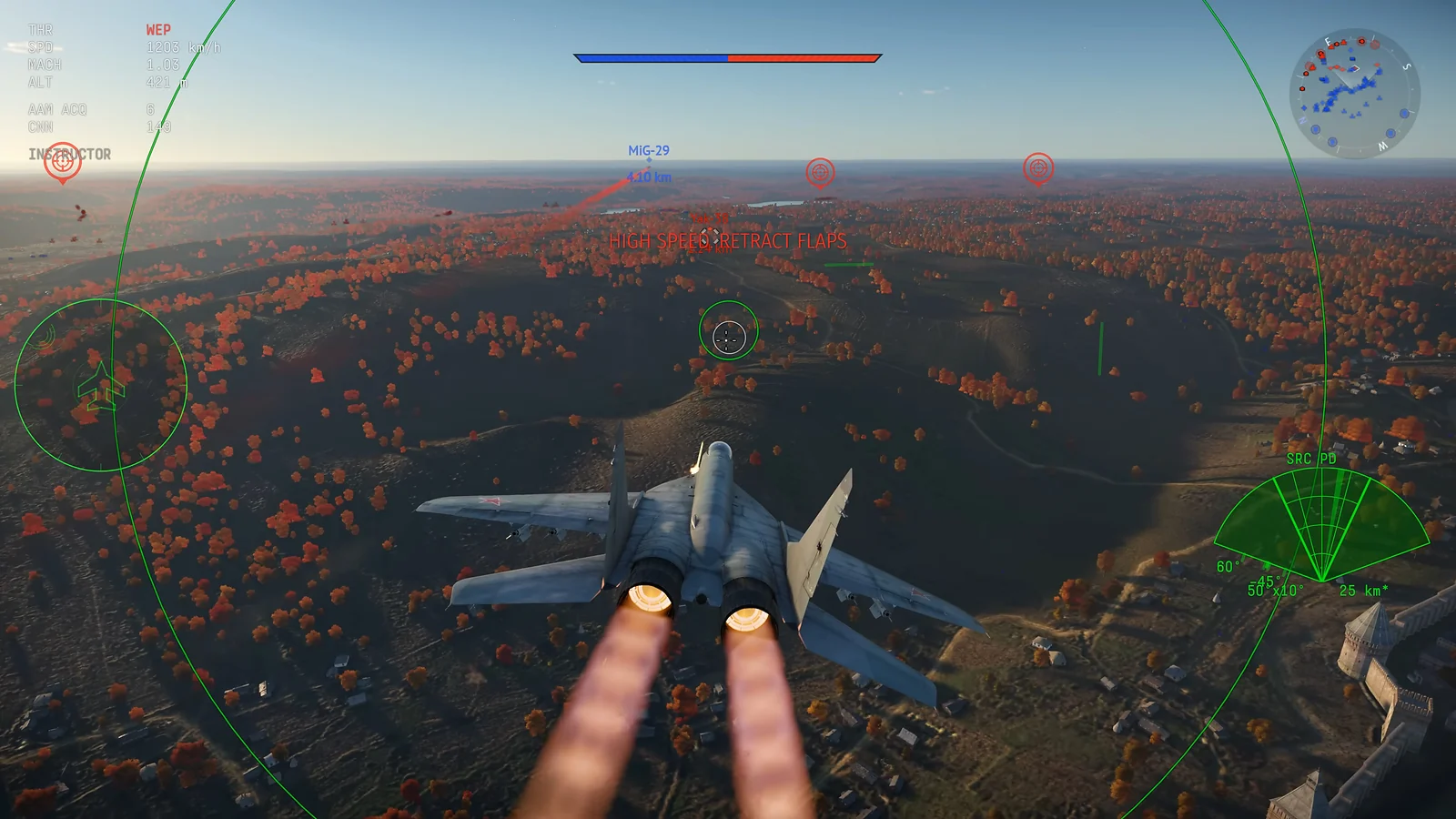 MiG-29 fighter jet flying low over an autumn landscape with active afterburners