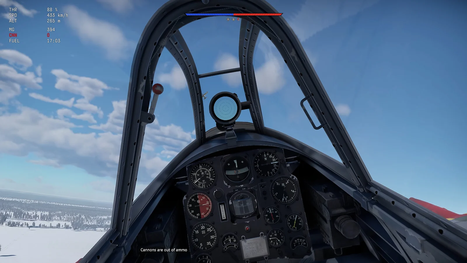 First-person cockpit view of a fighter plane pursuing an enemy aircraft