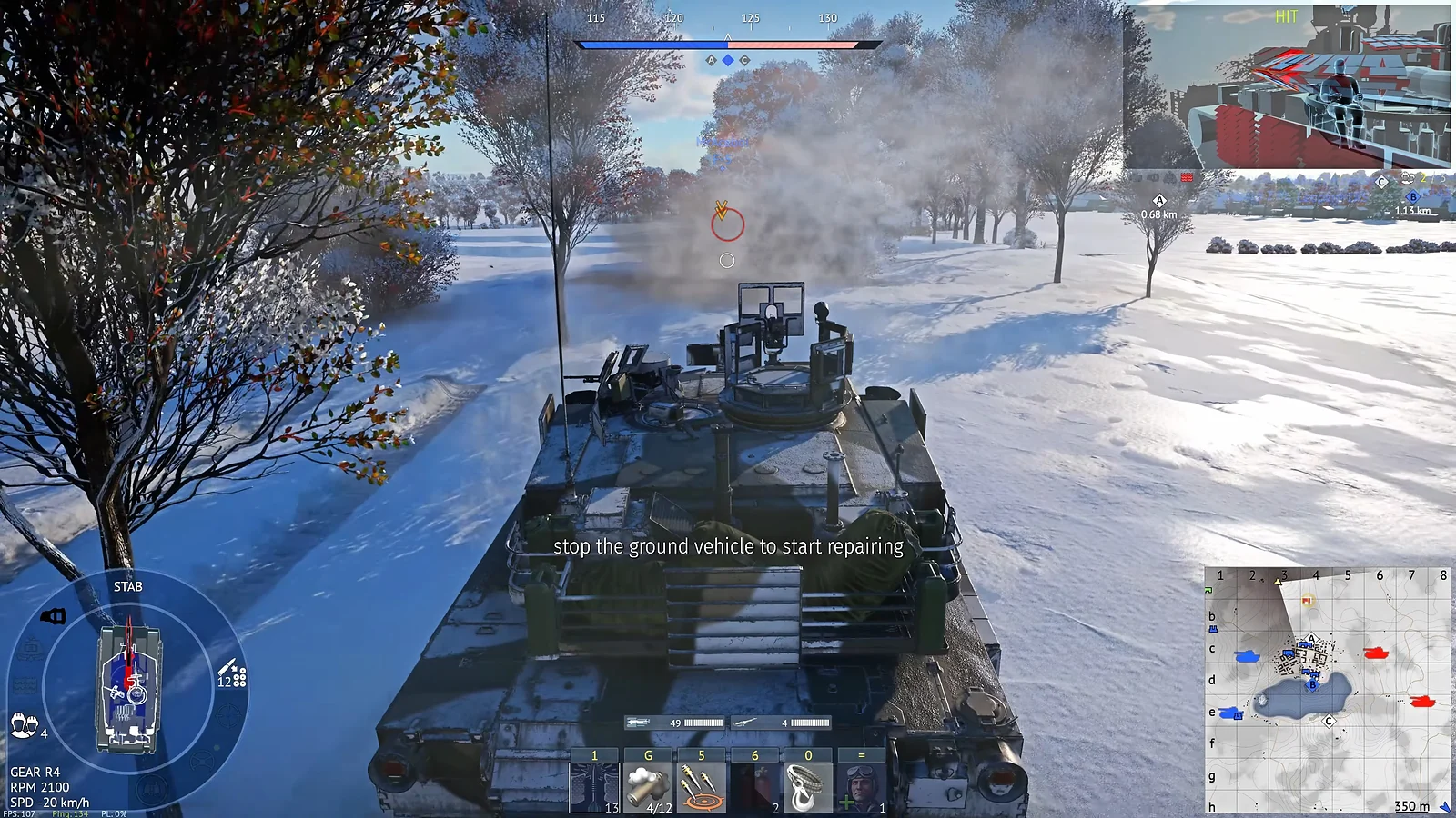 Modern tank traversing a snowy battlefield with smoke deploying from the turret