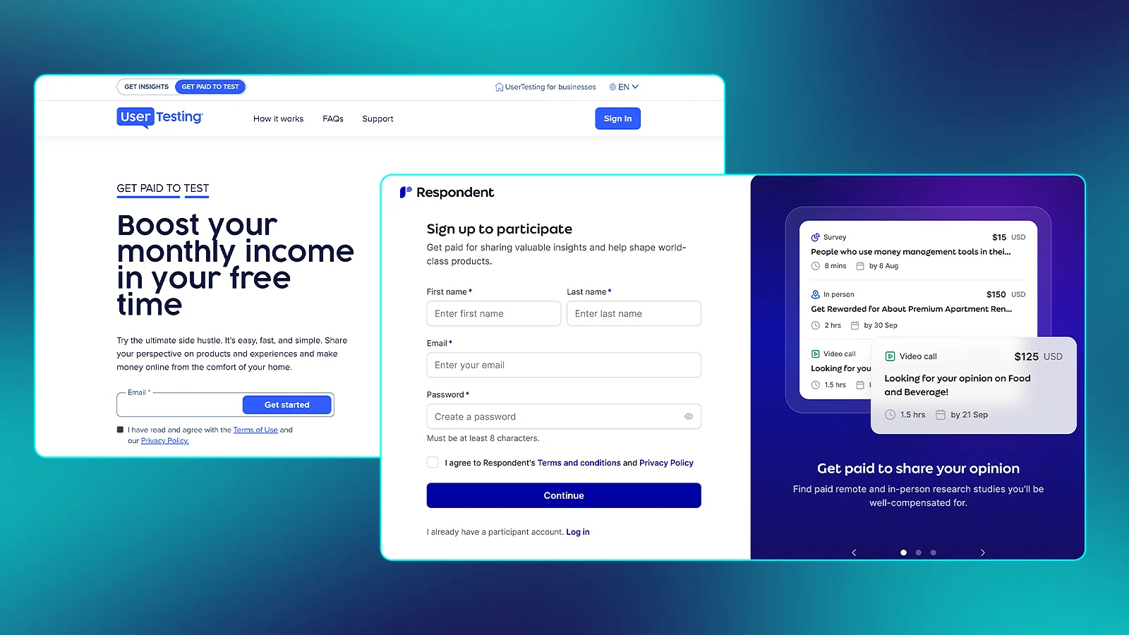 Website and app testing: UserTesting and Respondent homepages