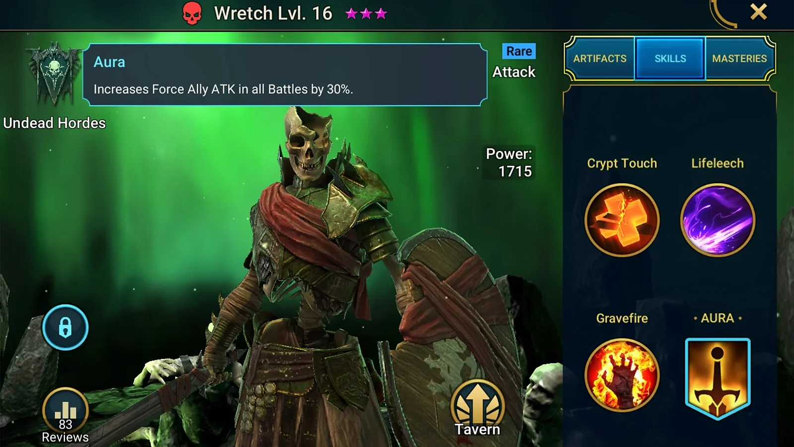 Champion skills screen for Wretch highlighting the Aura ability in Raid Shadow Legends
