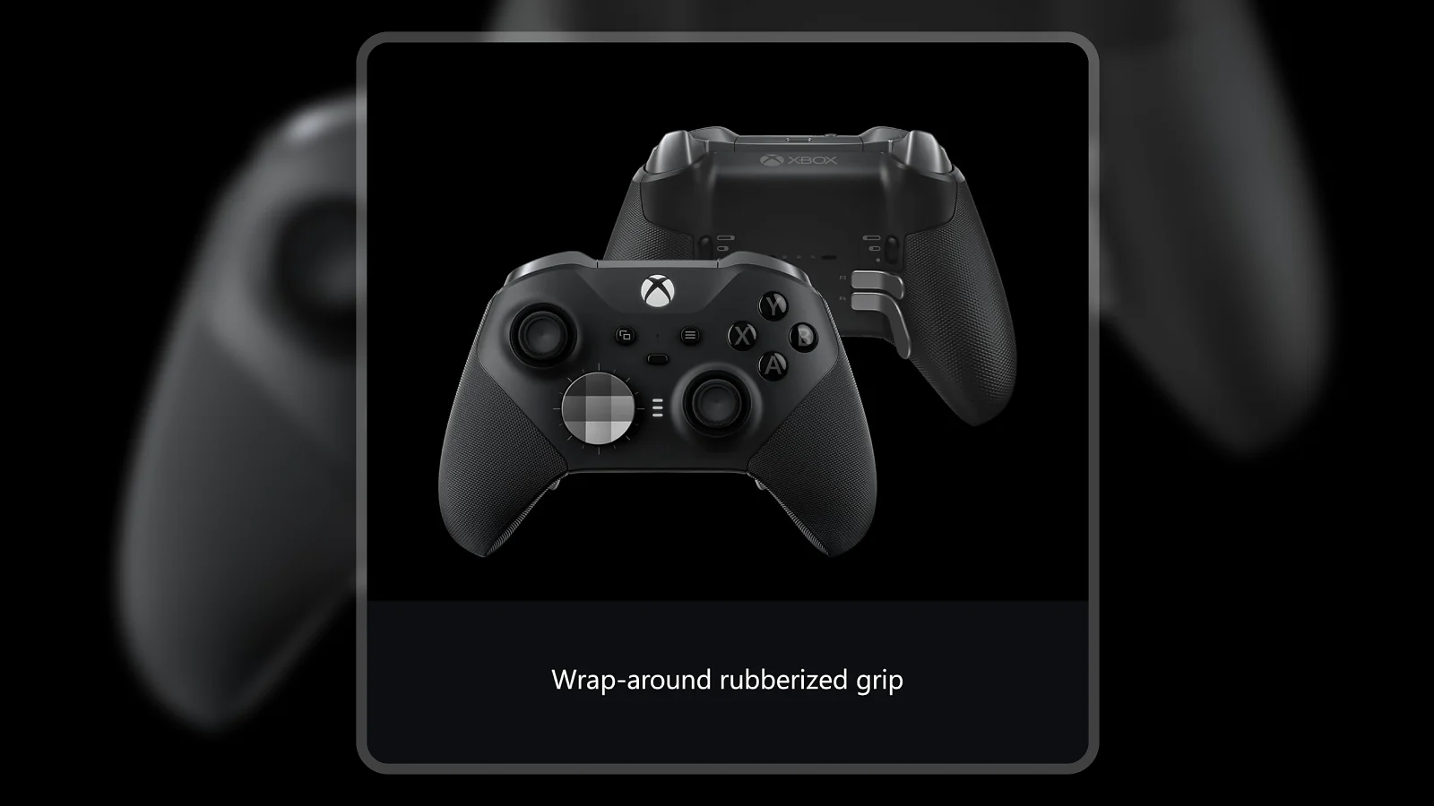Xbox Elite Series 2 controller shown from front and back revealing wrap-around rubberized grip