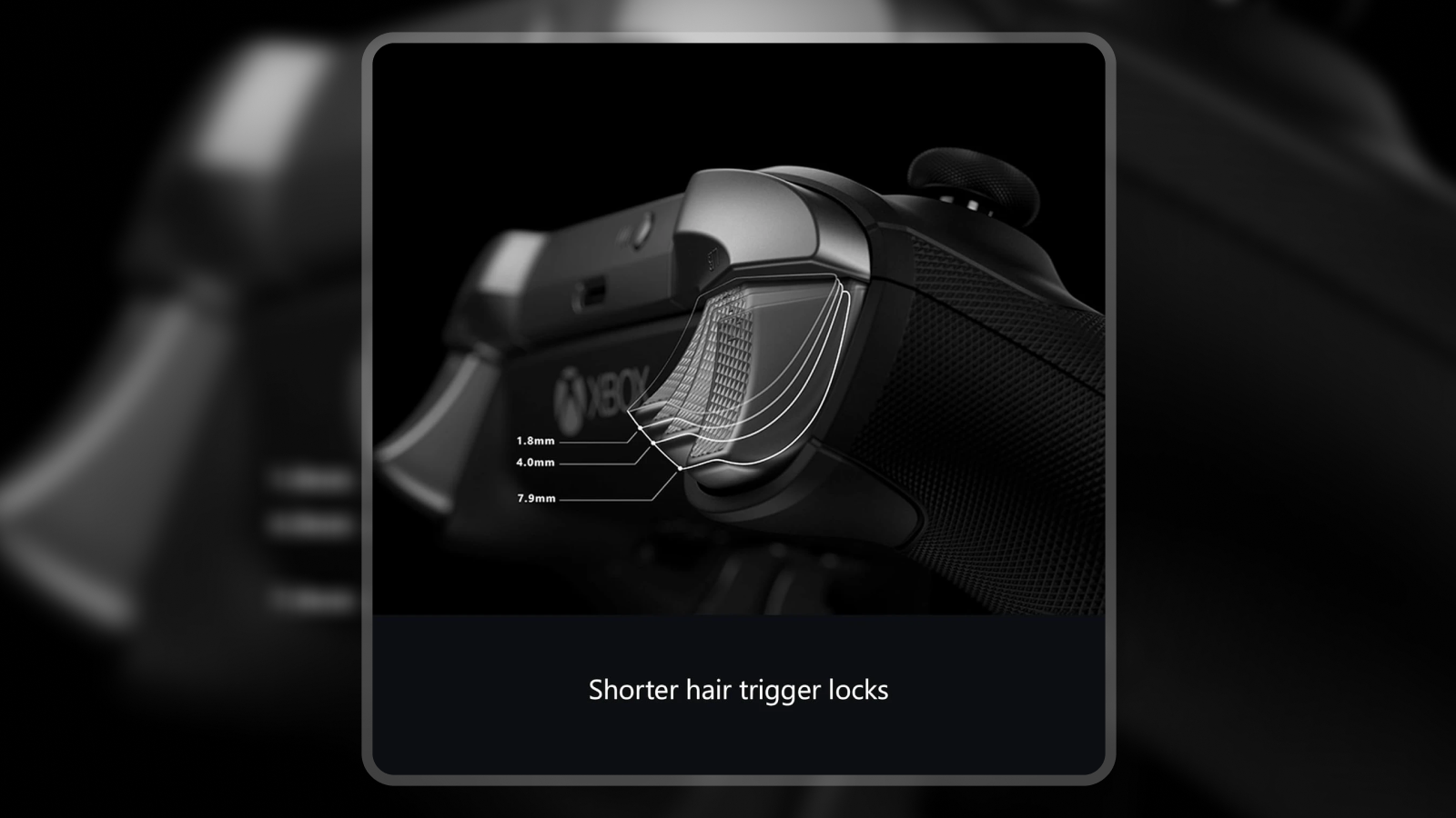 Xbox Elite Series 2 hair trigger locks closeup showing three-position adjustment with depth measurements