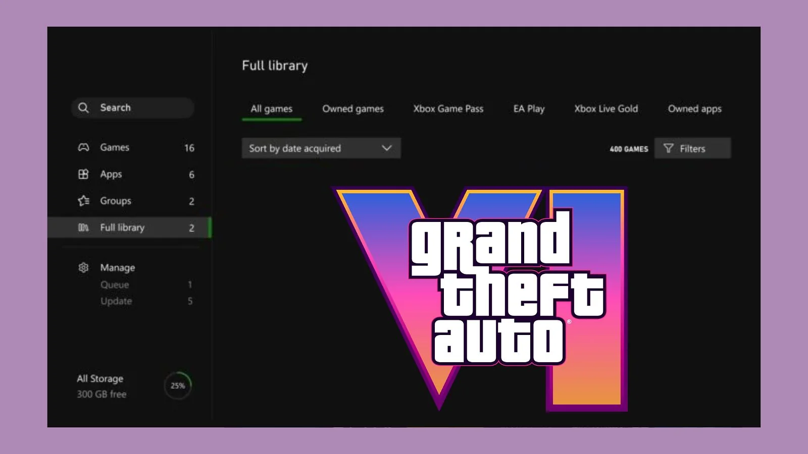 Xbox games library screen showing available titles