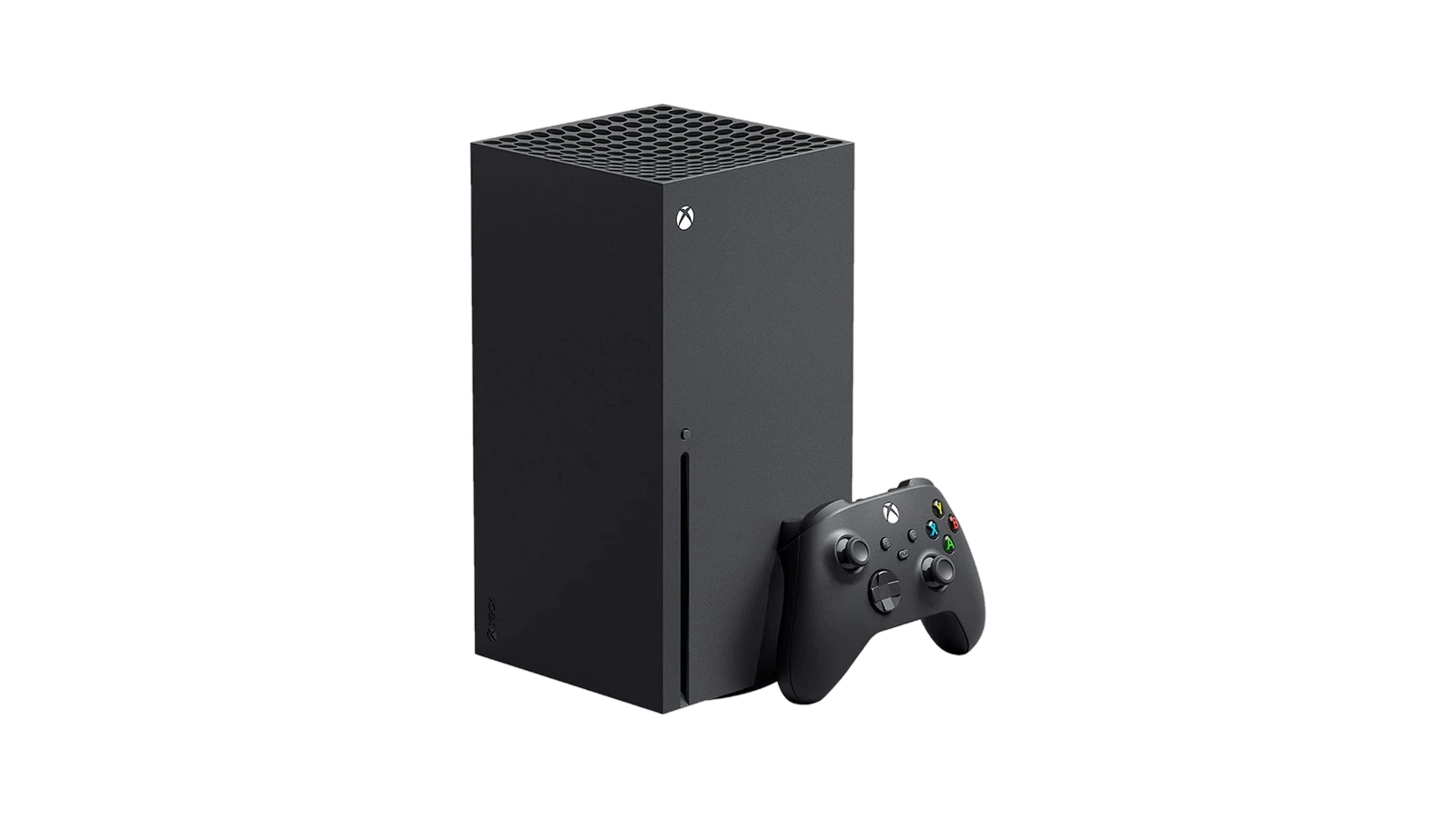 Xbox Series X console in matte black finish with wireless controller on plain white background