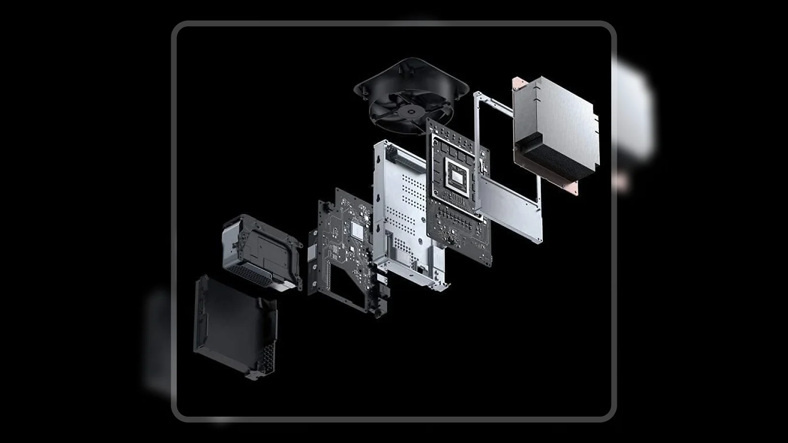 Xbox Series X internal components exploded view showing CPU, GPU, SSD, and cooling fan architecture
