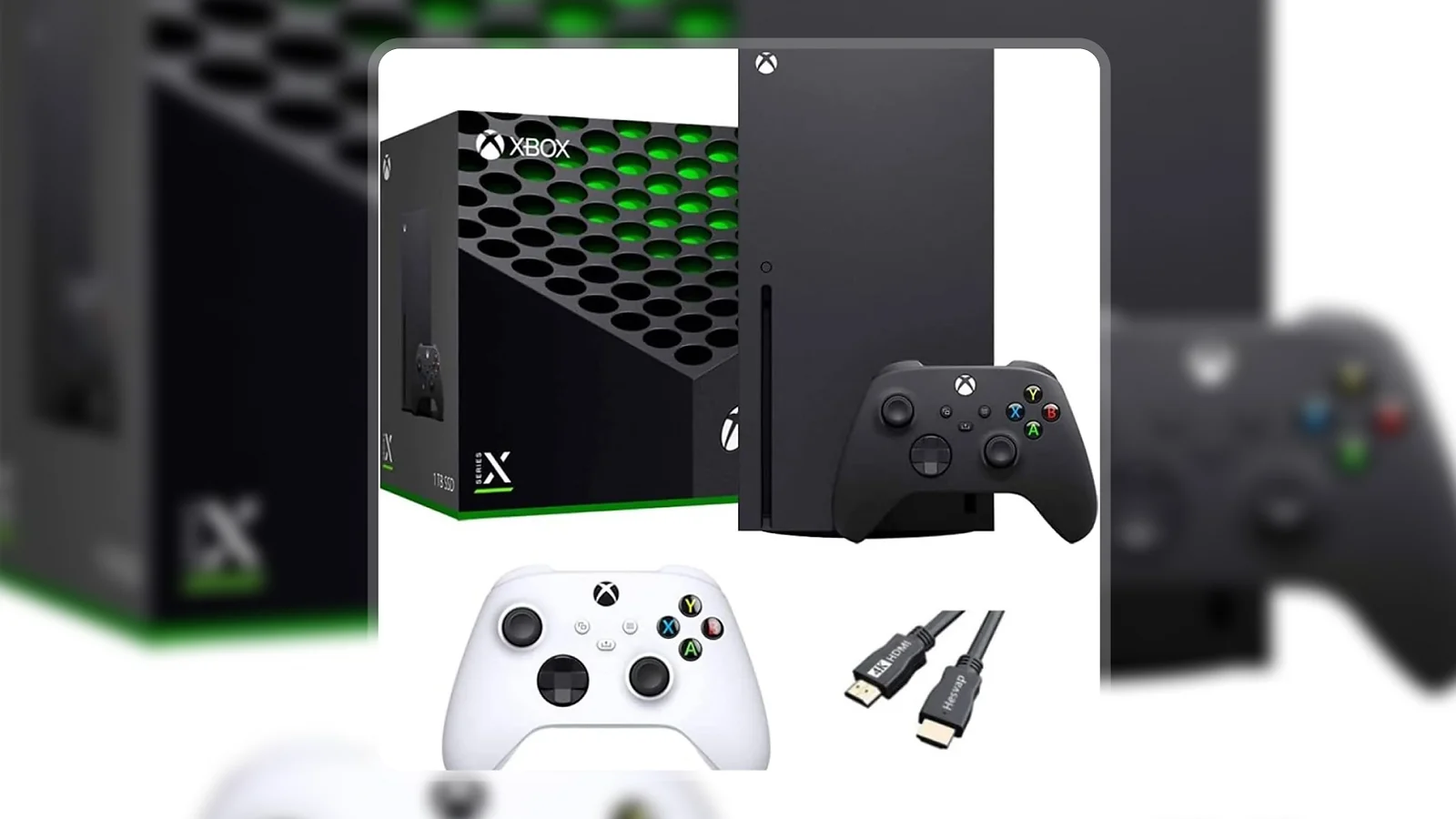 Xbox Series X console bundle with black and white wireless controllers, retail box, and HDMI cable on white background