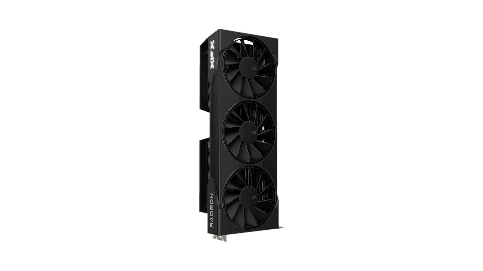 XFX Swift Radeon RX 9070 XT triple-fan cooler angled front view against white background