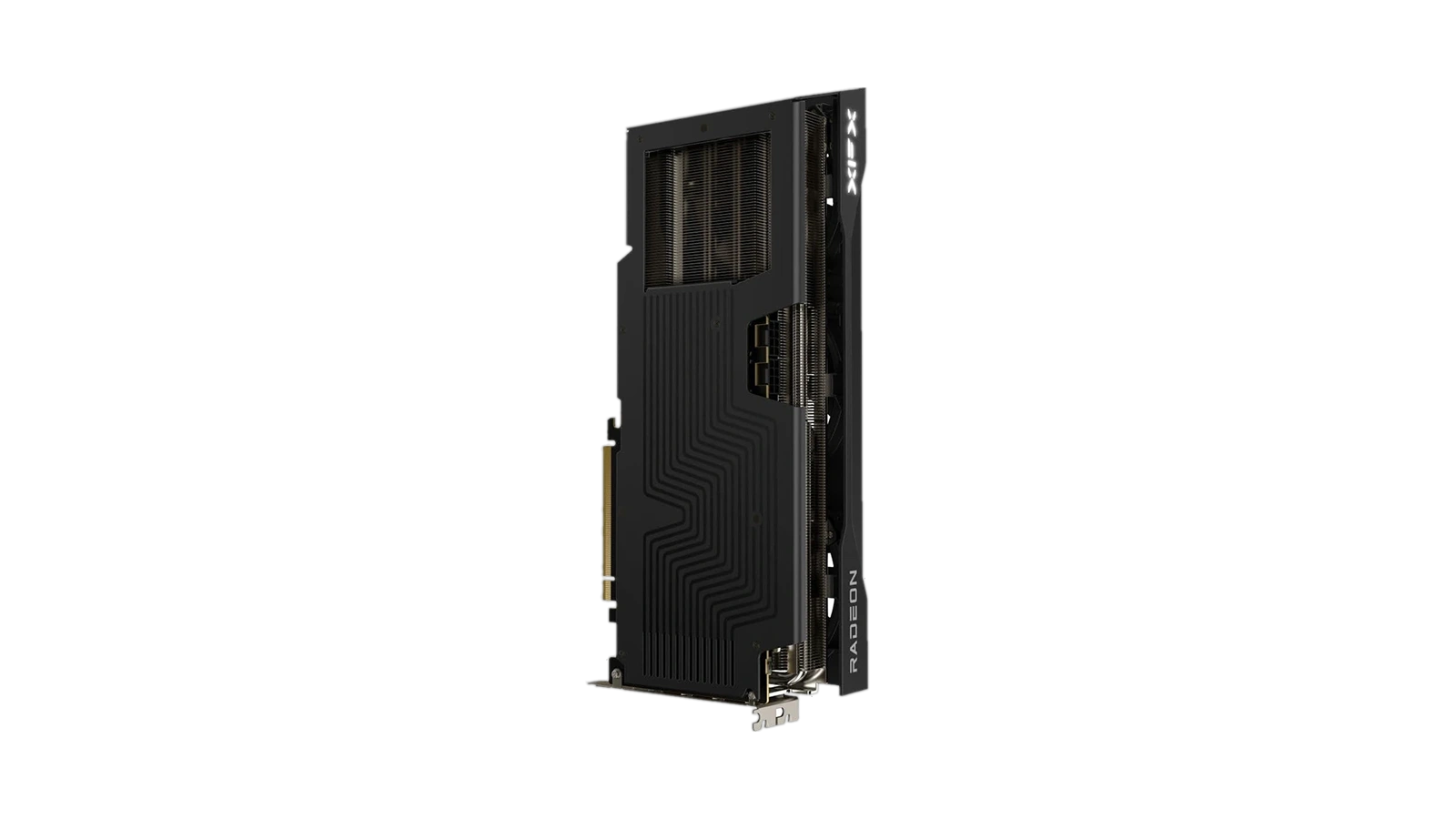 XFX Swift Radeon RX 9070 XT rear backplate with geometric pattern and Radeon branding on white background