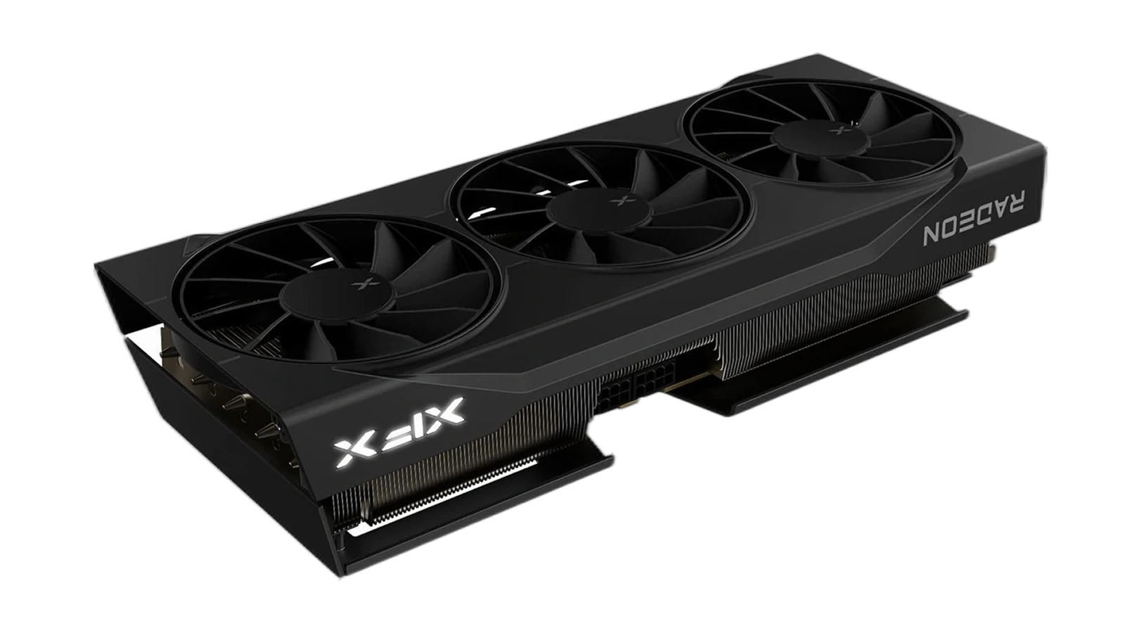XFX Swift Radeon RX 9070 XT angled side view showing SWFT triple fans and PCIe bracket on white background