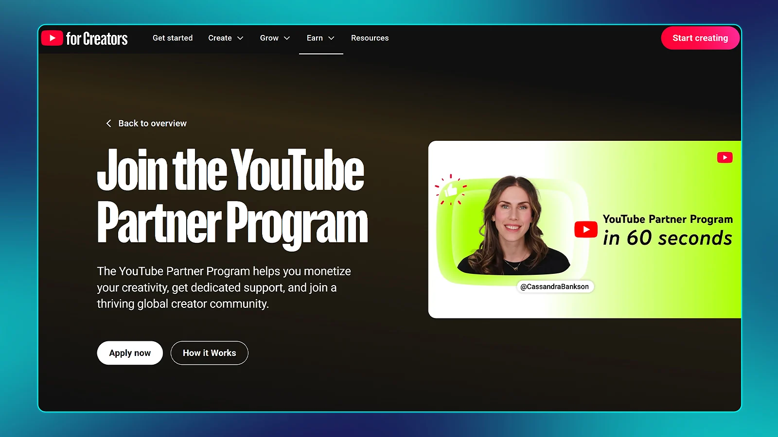 Content monetization: YouTube Partner Program signup page