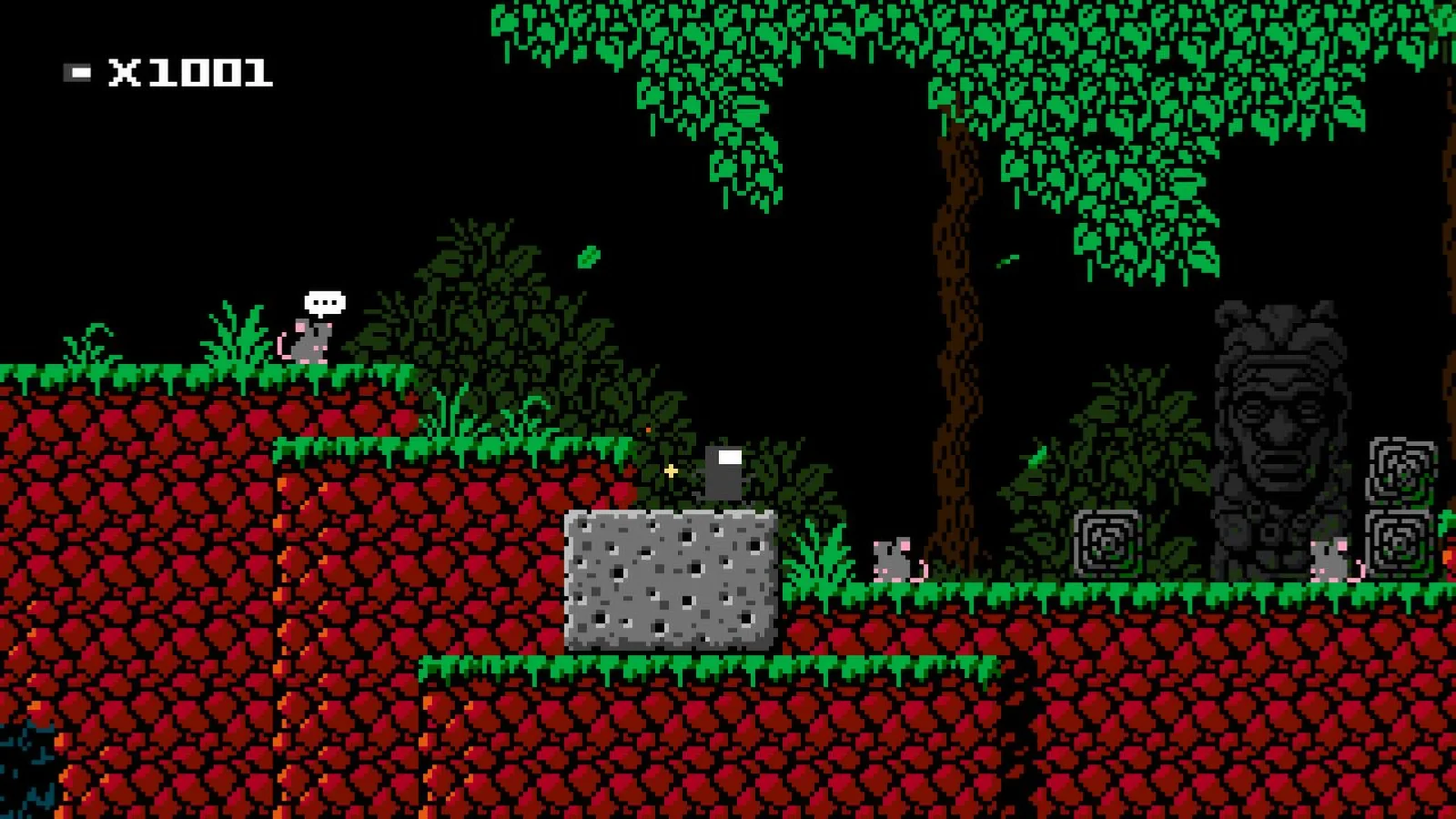 Character navigating a dangerous jungle platforming area in 1001 Spikes.
