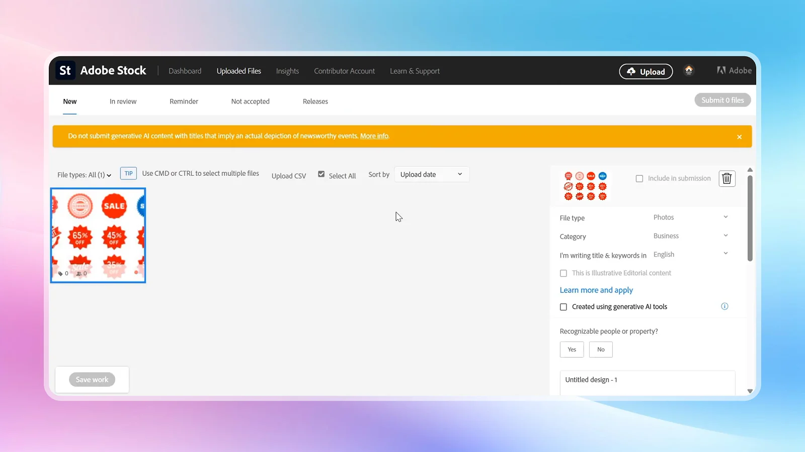 subir imágenes de archivo generadas por IA a un mercado de colaboradores