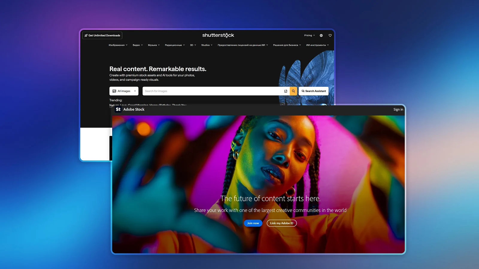 Adobe Stock and Shutterstock website pages
