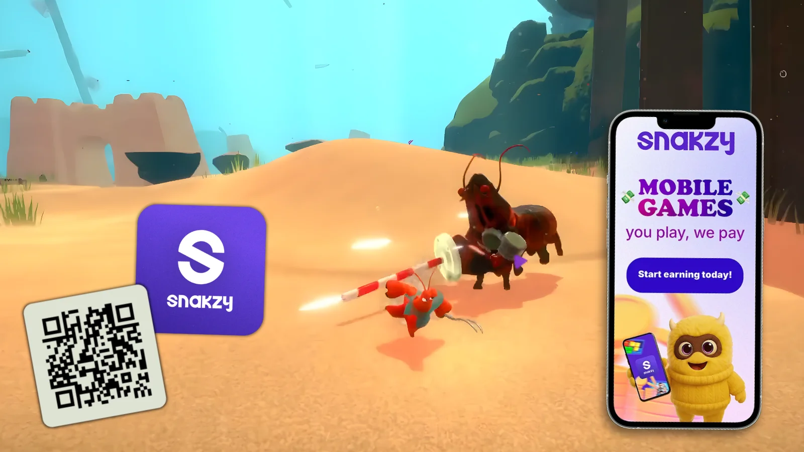 Snakzy app QR code alongside a desert battle scene from Another Crab's Treasure