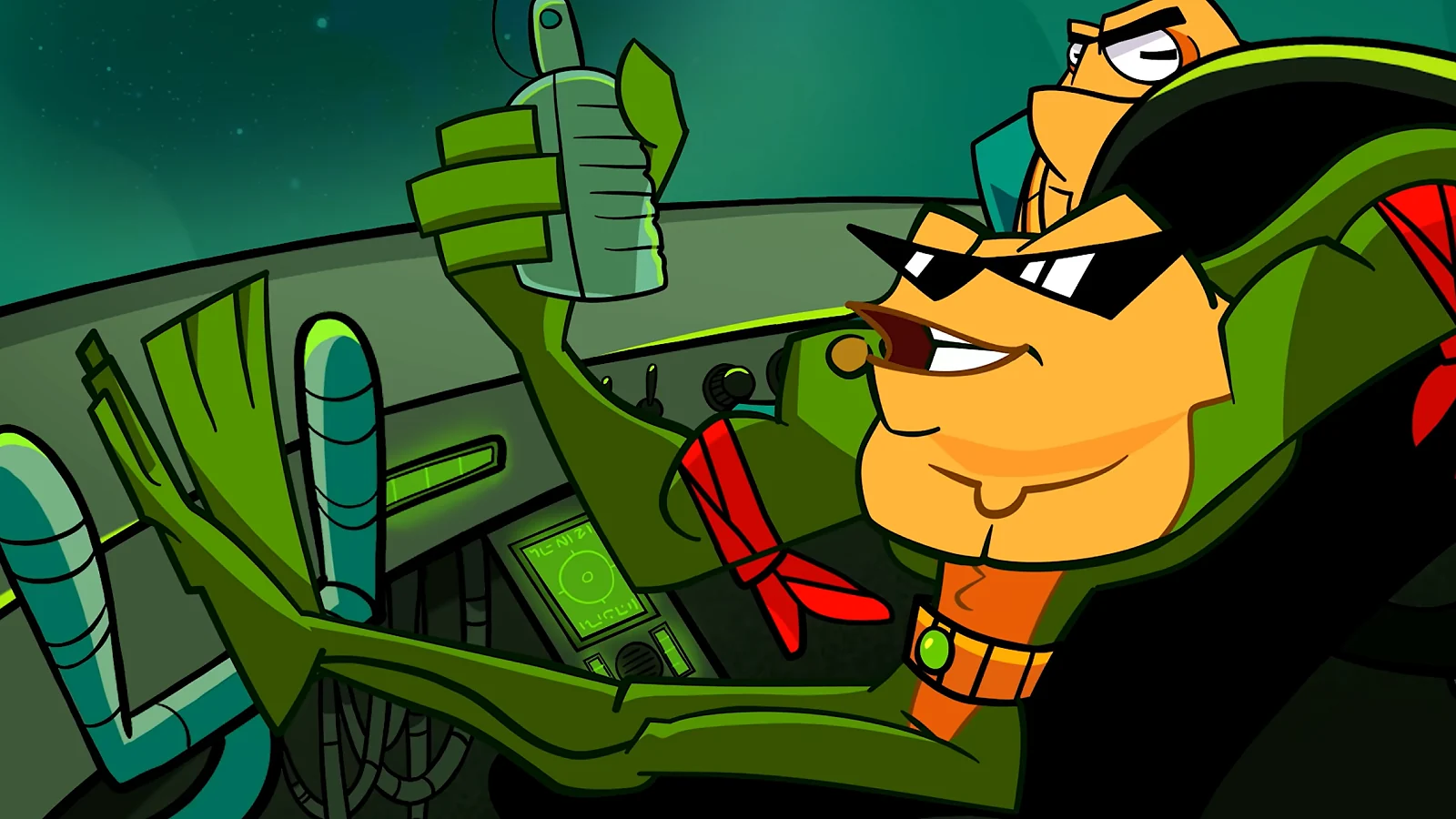 Battletoads characters riding in a vehicle during a cartoon-style scene.