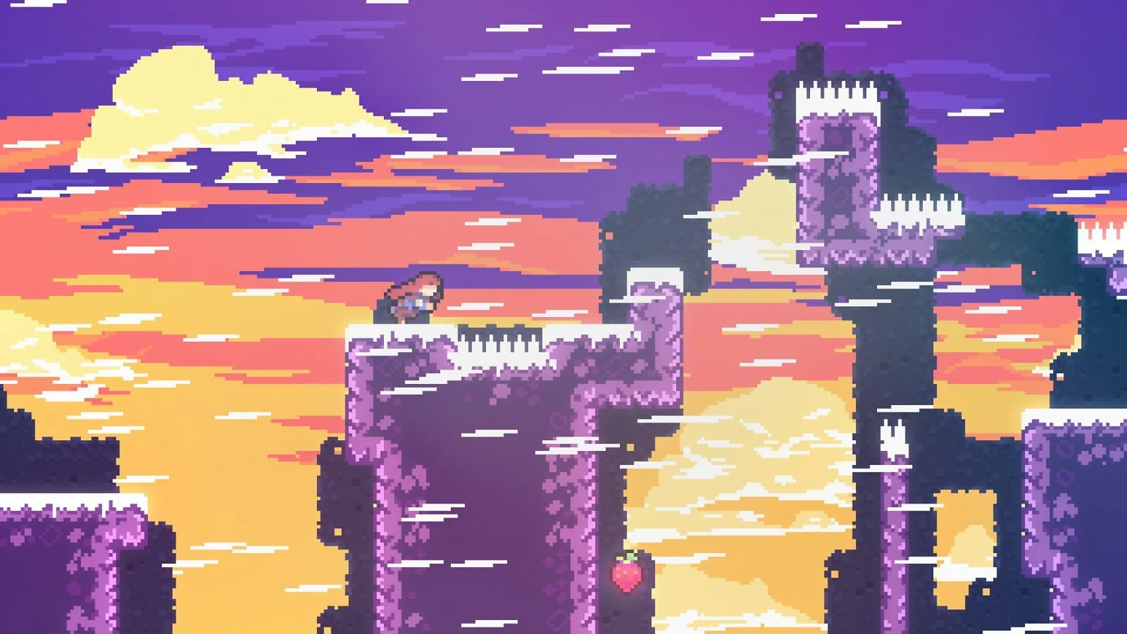 Madeline navigating snowy platforms against a colorful mountain sunset in Celeste.
