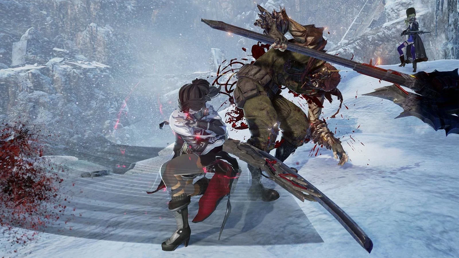 Characters battling enemies in a snowy environment in Code Vein.
