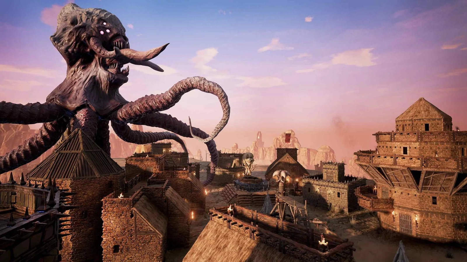 Giant tentacled monster attacking a settlement in Conan Exiles.