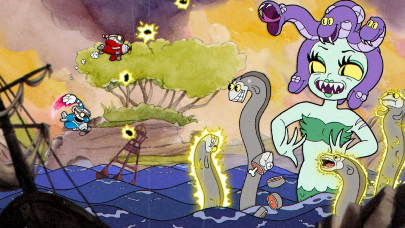 Cuphead and Mugman battling a giant Medusa-like sea monster in Cuphead.