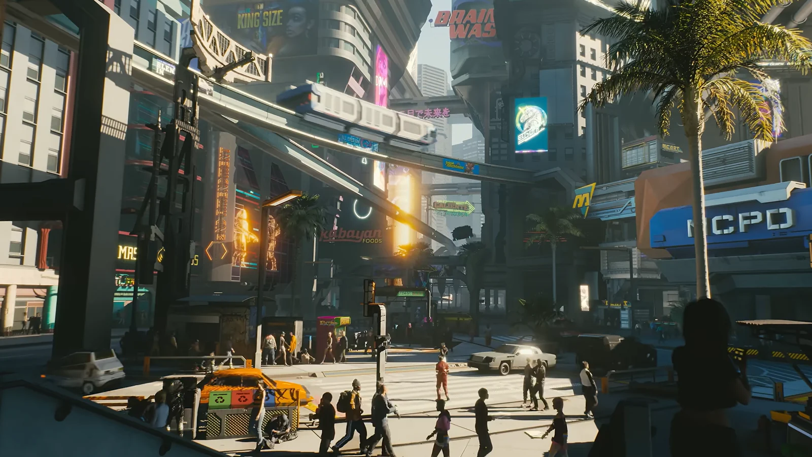 Busy futuristic city street with neon signs and pedestrians in Cyberpunk 2077
