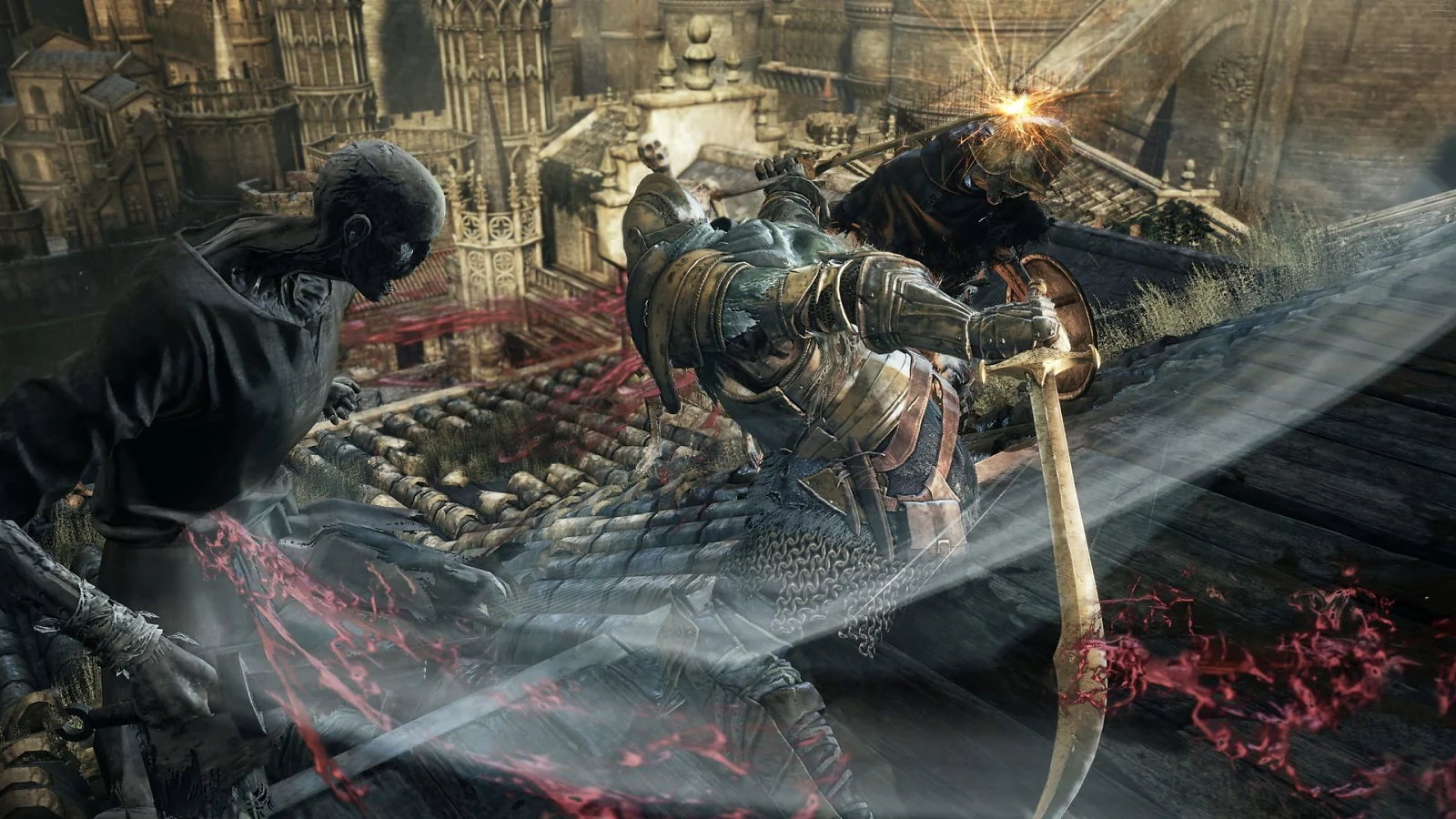 Player fighting an armored enemy in a dark ruined environment in Dark Souls III.