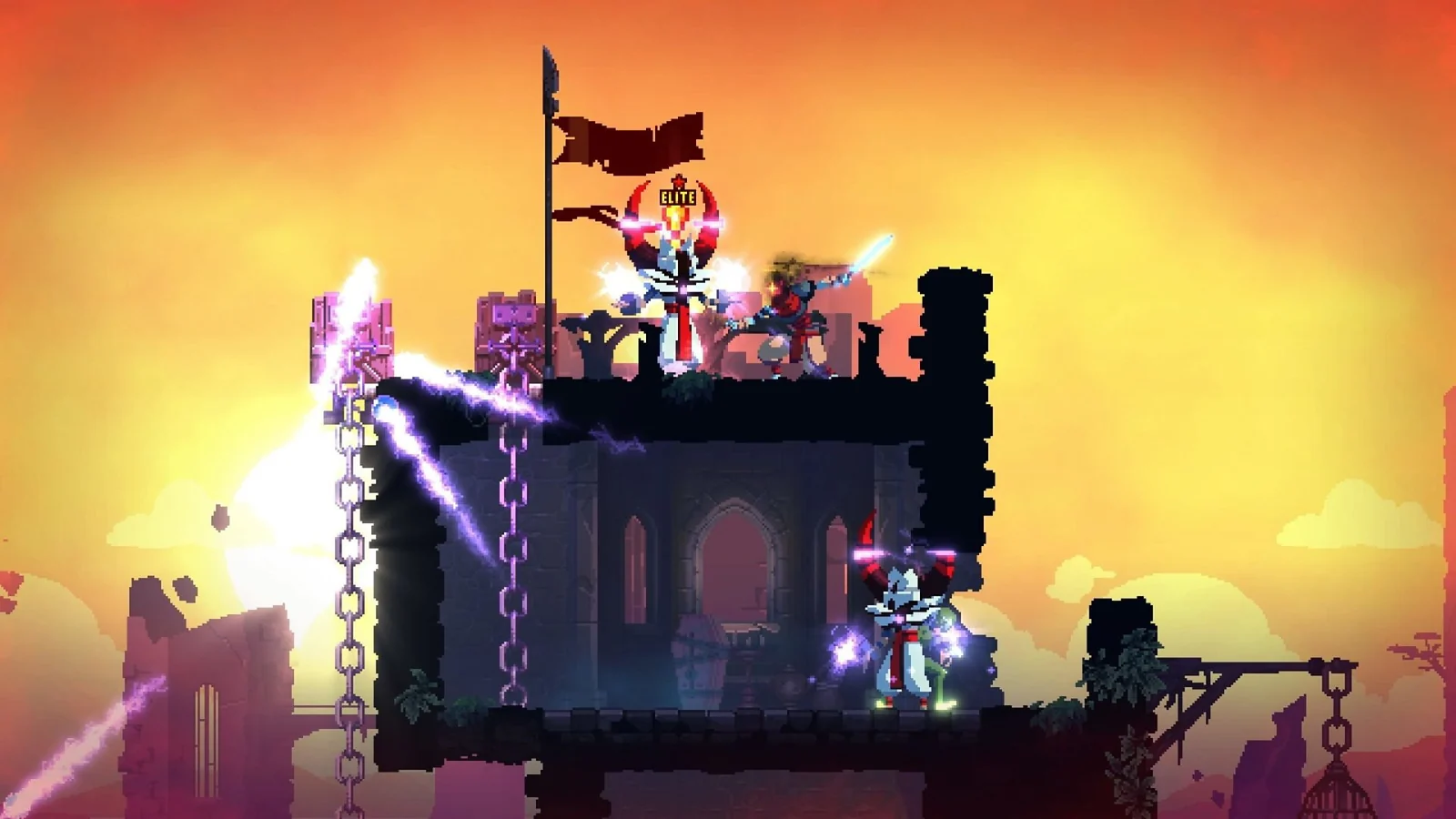 Character fighting enemies on platforms at sunset in Dead Cell
