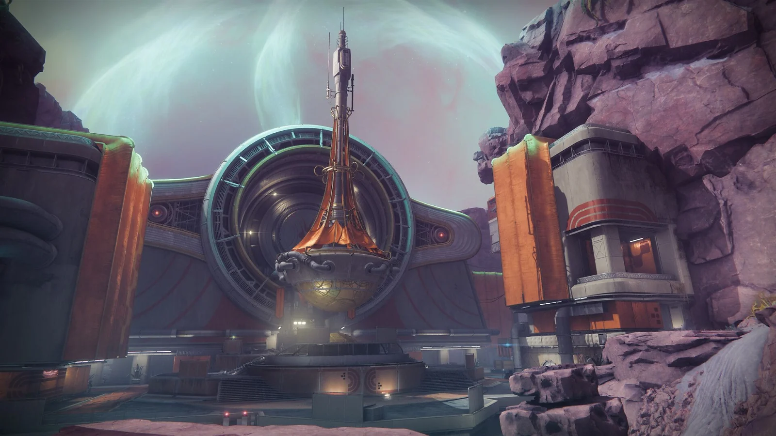 Futuristic structure surrounded by rocky terrain in Destiny 2.
