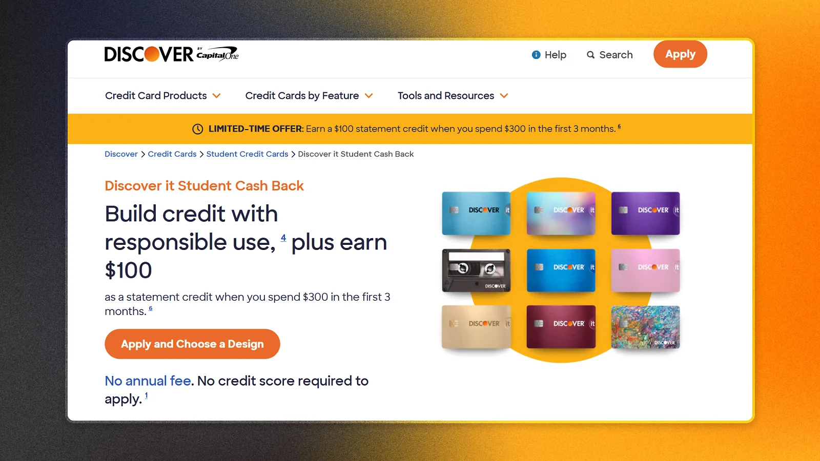 Discover website page - student cash back