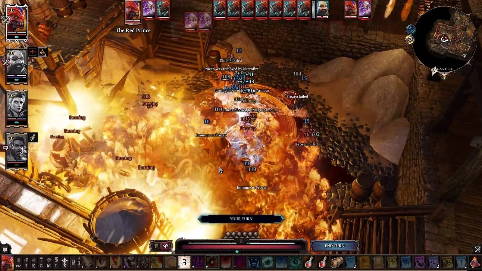 Characters fighting amid fiery explosions during combat in Divinity: Original Sin 2.