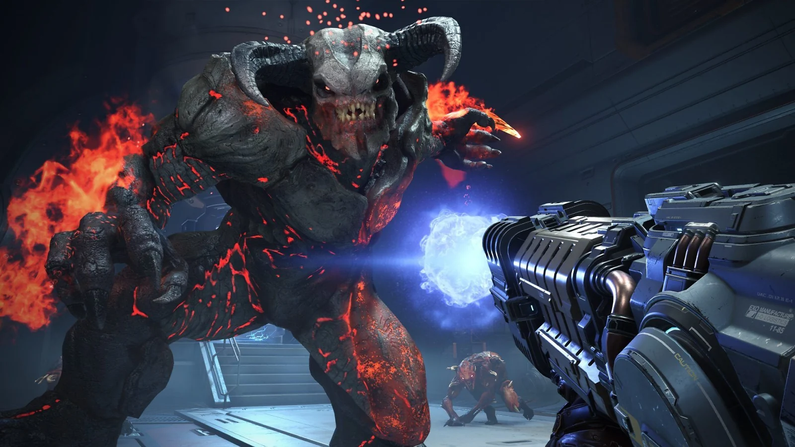 Player fighting a massive fire-covered demon with an energy weapon in DOOM.