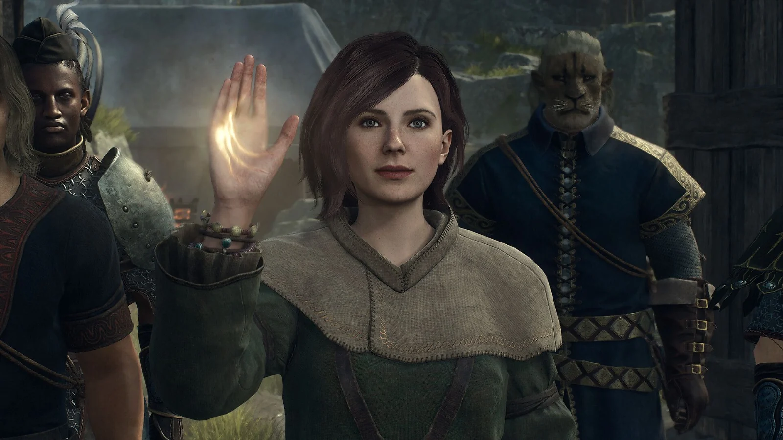 Female character raising her hand with companions behind her in Dragon’s Dogma 2.