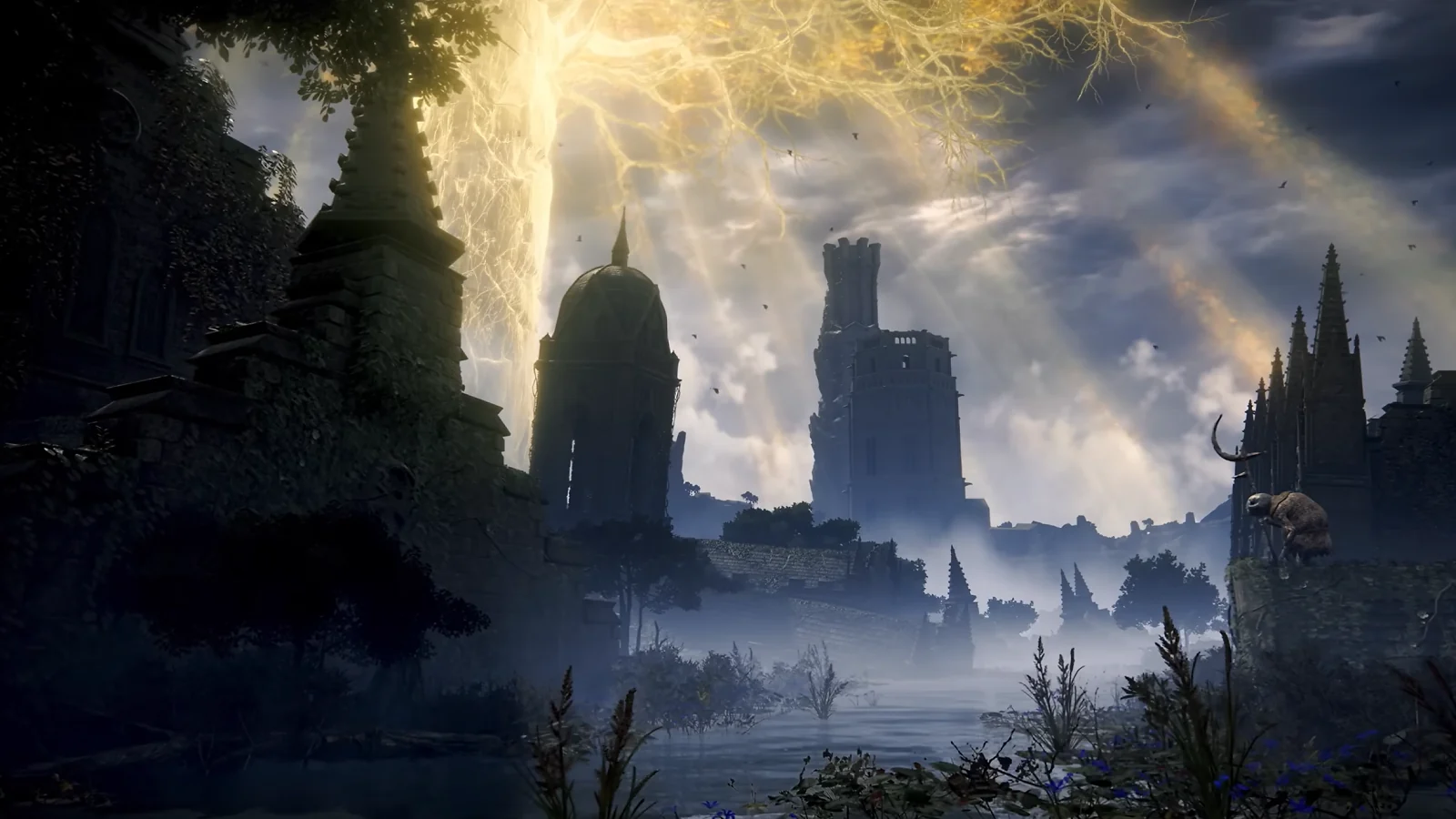 Gameplay-Aufnahme, in der der leuchtende Erdbaum in der Landschaft zu sehen ist