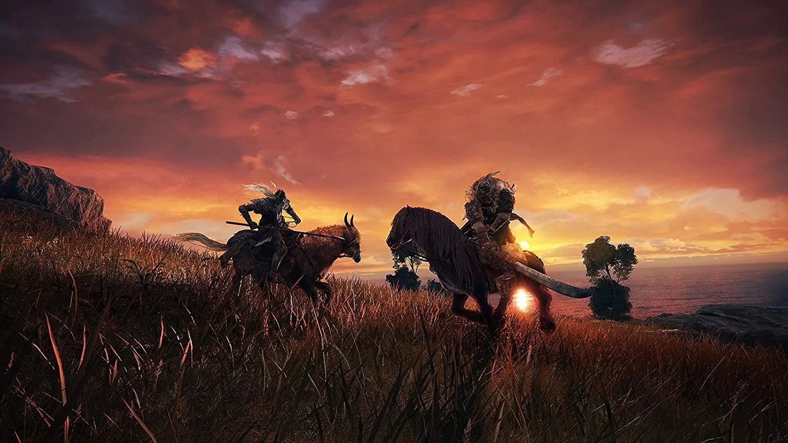 Two mounted warriors facing each other at sunset in Elden Ring