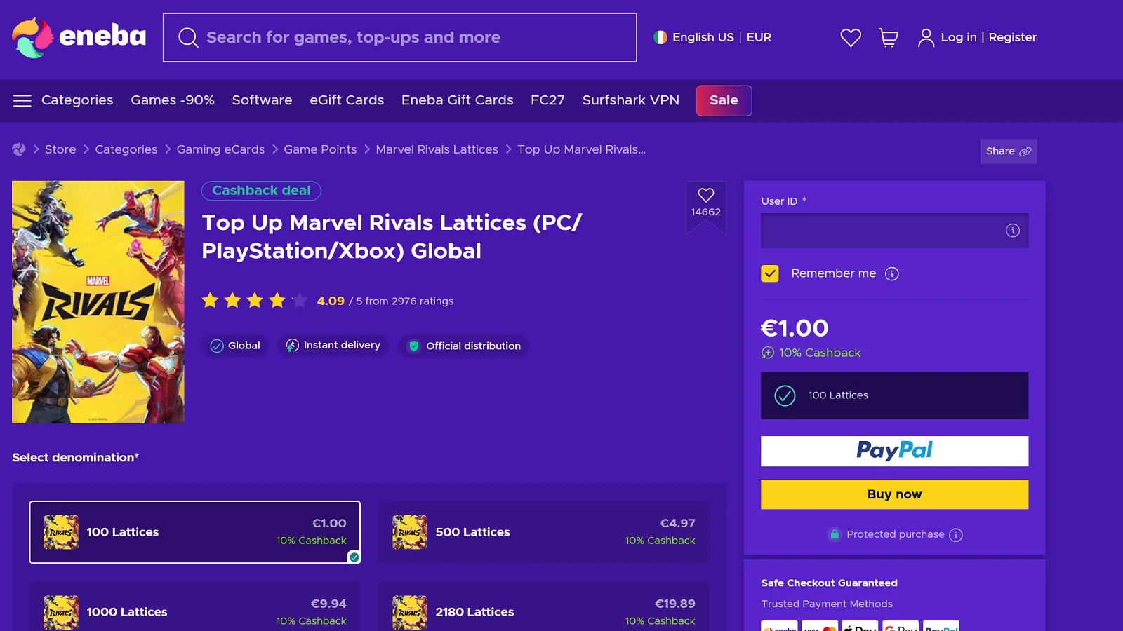 Eneba website page - Marvel Rivals Lattices