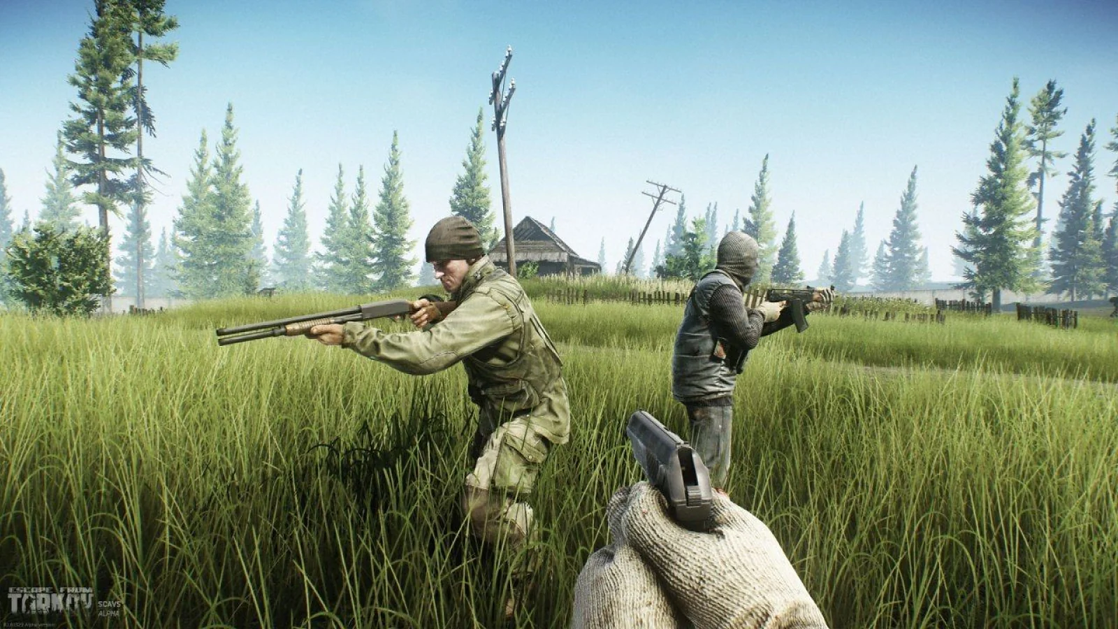 First-person view of a player holding a pistol while two armed characters stand in a grassy field in Escape from Tarkov