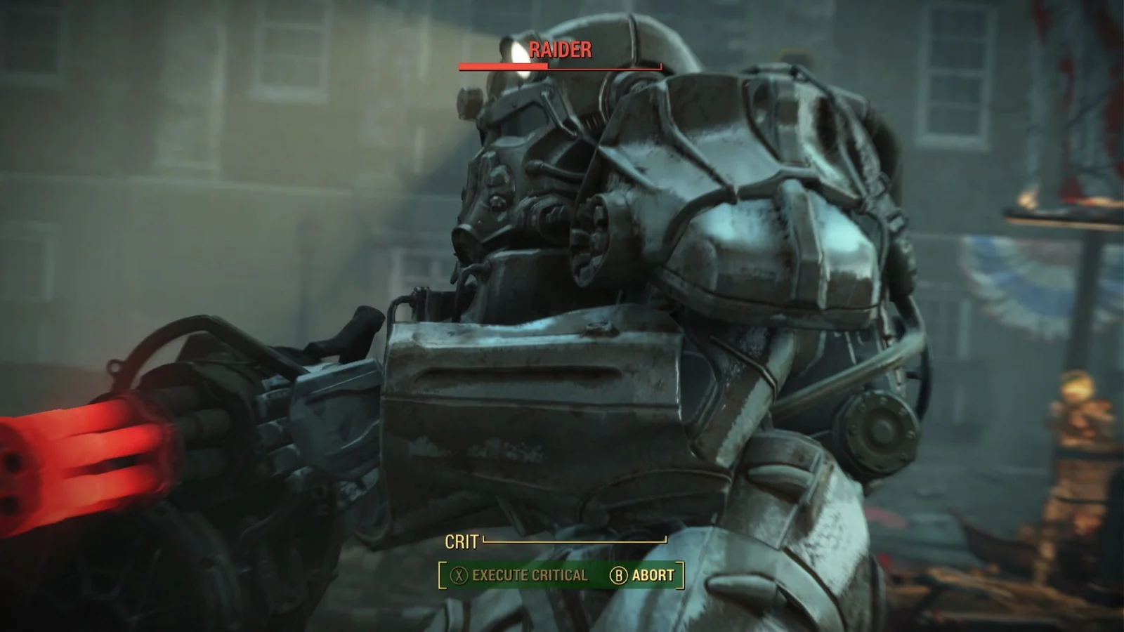 Player fighting a heavily armored enemy in Fallout 4.