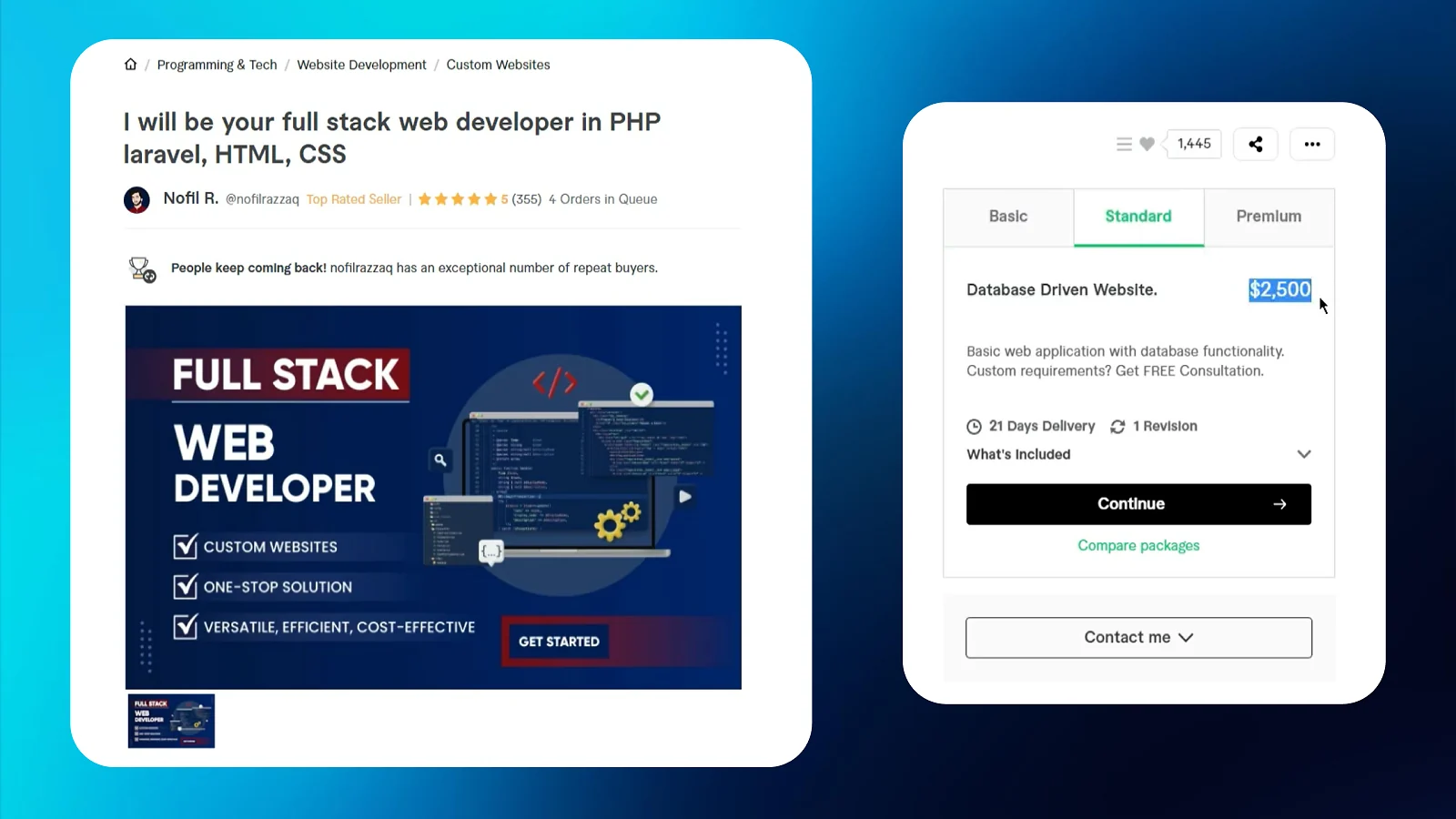 Panel de control del vendedor de Fiverr durante la configuración de un nuevo servicio