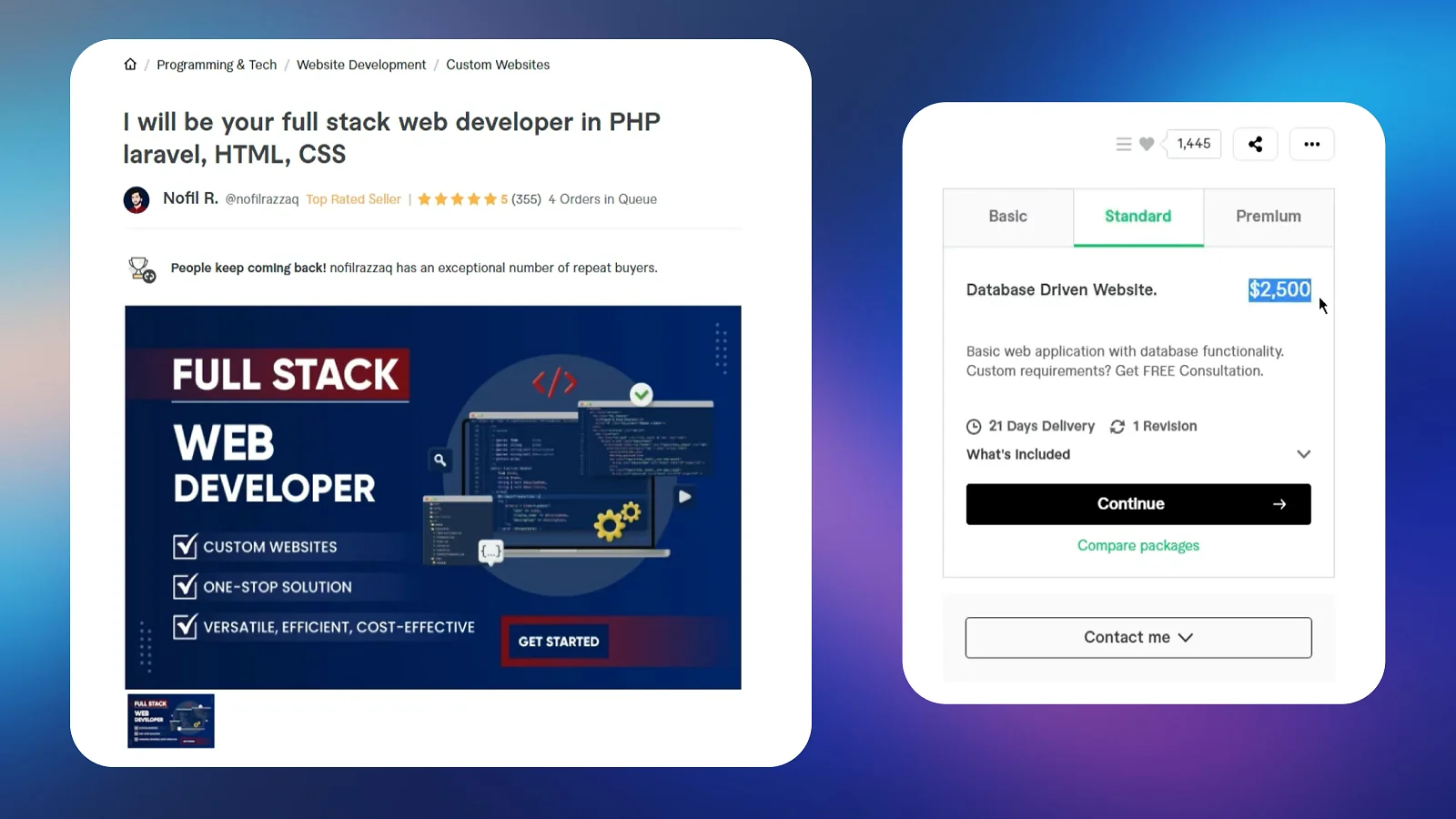 Fiverr seller dashboard showing an active gig