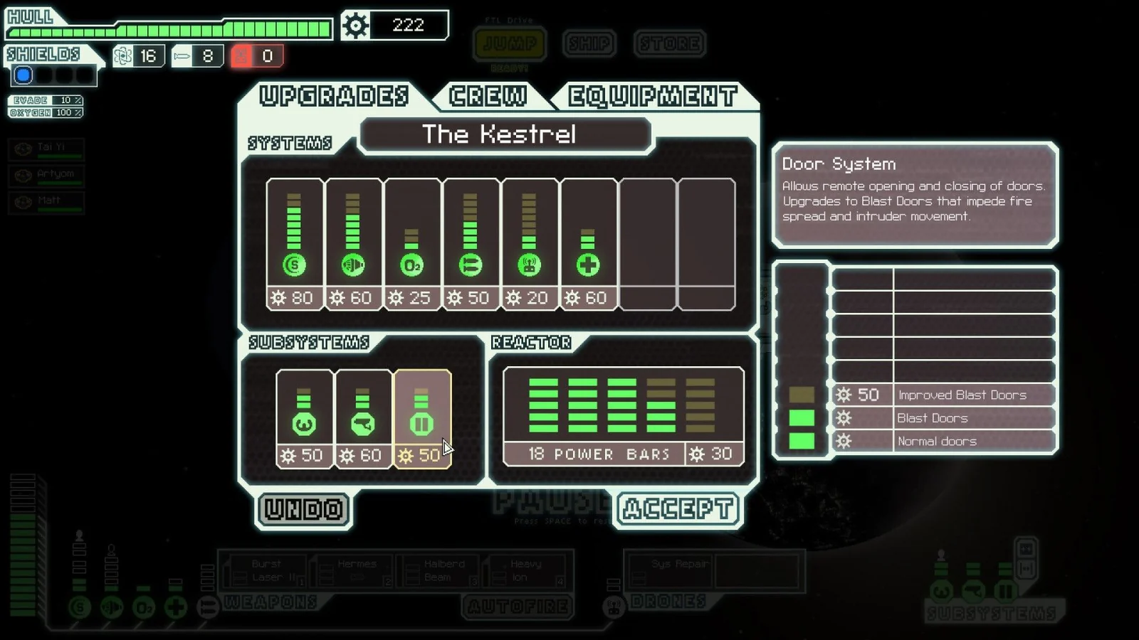 Spaceship upgrade and systems management screen in FTL: Faster Than Light.