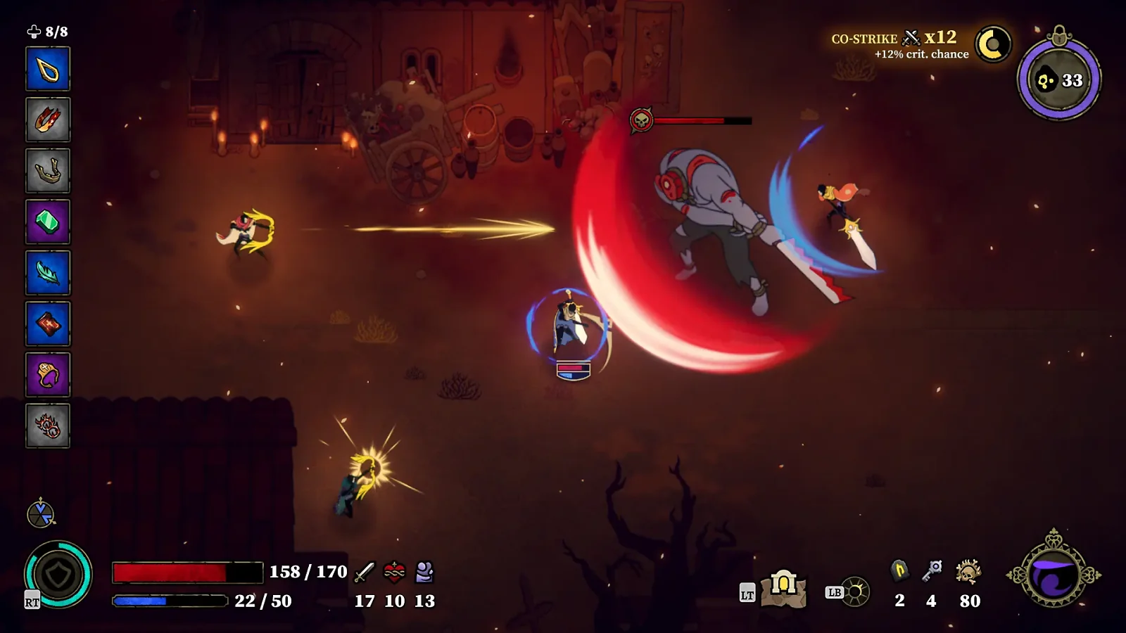 Players using cooperative abilities during combat in 33 Immortals