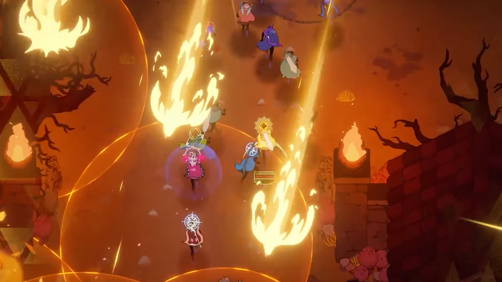 Players dodging fiery attacks during a chaotic battle in 33 Immortals