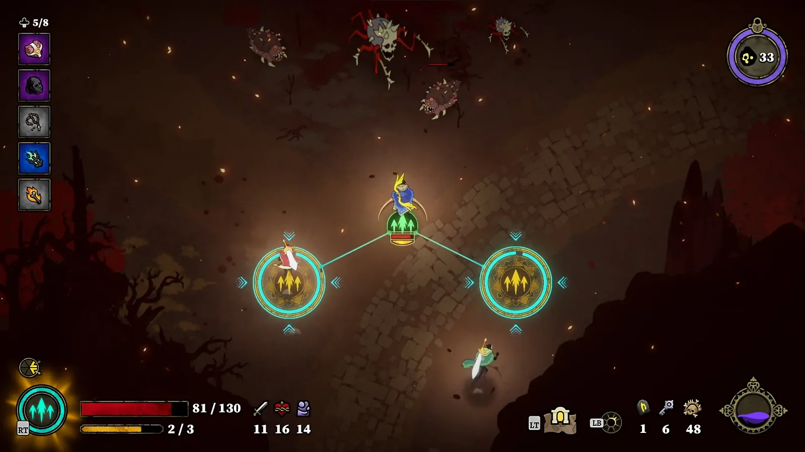 Players activating a synergy tile for a Co-Op Power in 33 Immortals